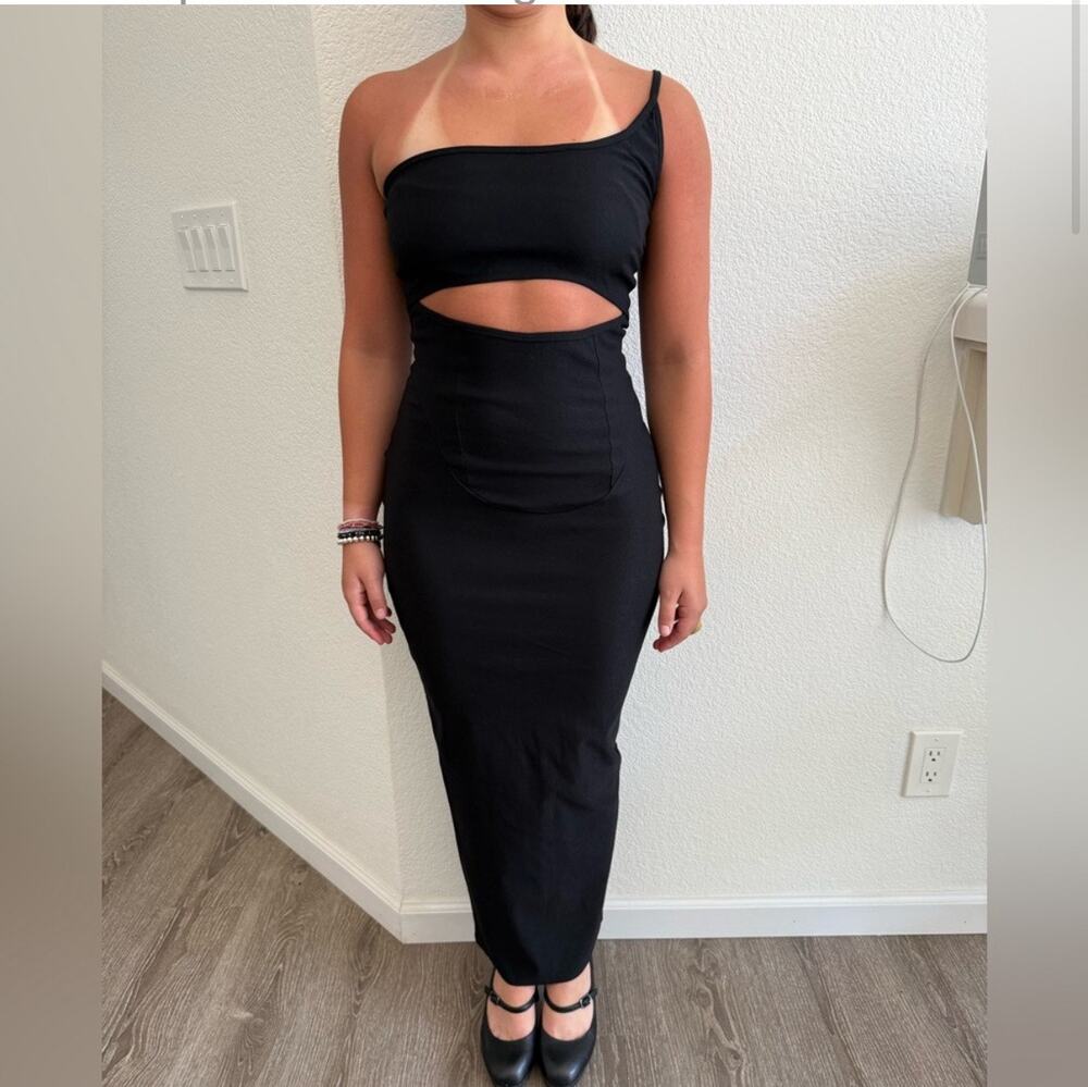 PrettyLittleThing Sz S Black Cut-Out Asymmetrical Dress Goth Sexy Bodycon